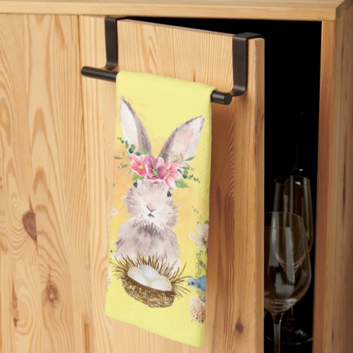 Watercolor Floral Bunny Rabbit Yellow Easter Kitchen Towel