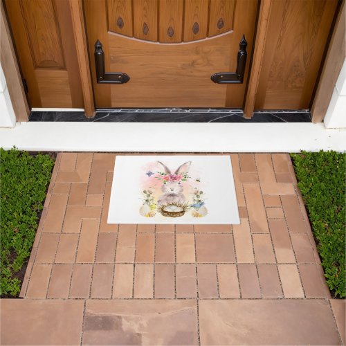 Watercolor Floral Bunny White Easter Doormat