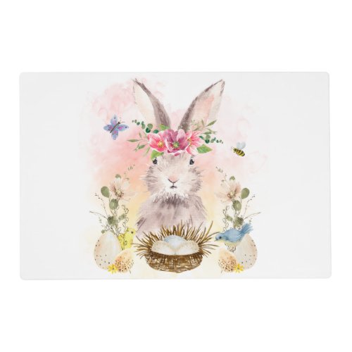 Watercolor Floral Bunny White Easter Laminated Placemat