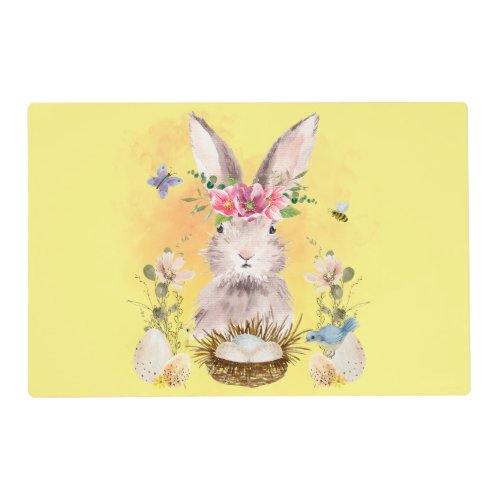 Watercolor Floral Bunny Yellow Easter Laminated Placemat