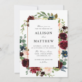 Watercolor floral burgundy and blush wedding invitation