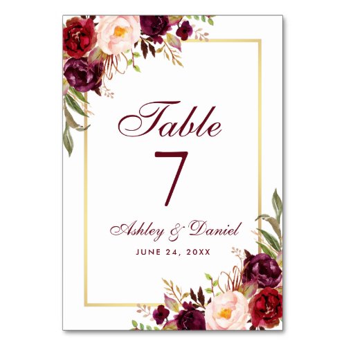 Watercolor Floral Burgundy and Gold Wedding Table Number