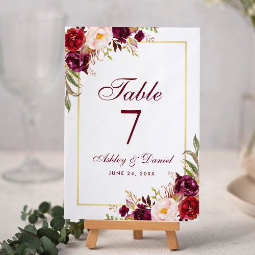 Watercolor Floral Burgundy and Gold Wedding Table Number