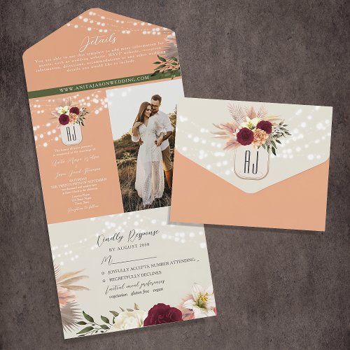 Watercolor Floral Burgundy and Peach Wedding All In One Invitation
