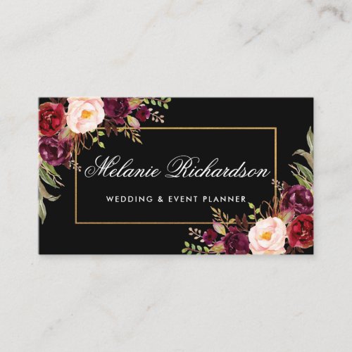 Watercolor Floral Burgundy Black Gold Business Card