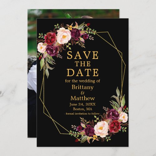Watercolor Floral Burgundy Black Gold Frame Photo Save The Date