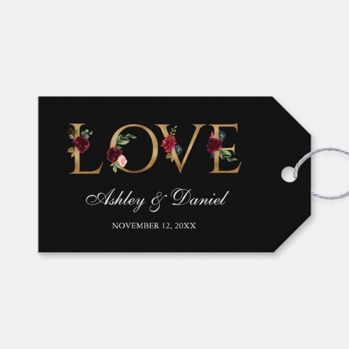 Watercolor Floral Burgundy Black Gold Love Wedding Gift Tags