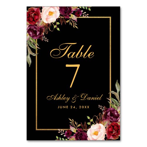 Watercolor Floral Burgundy Black Gold Wedding Table Number