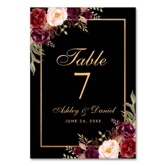 Watercolor Floral Burgundy Black Gold Wedding Table Number (Back)