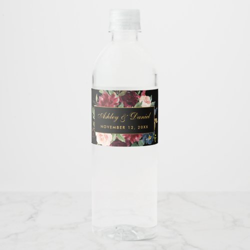 Watercolor Floral Burgundy Black Gold Wedding Water Bottle Label