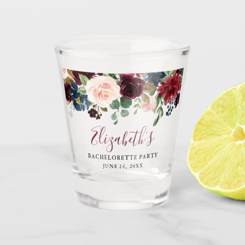 Watercolor Floral Burgundy Blue Bachelorette Party Shot Glass