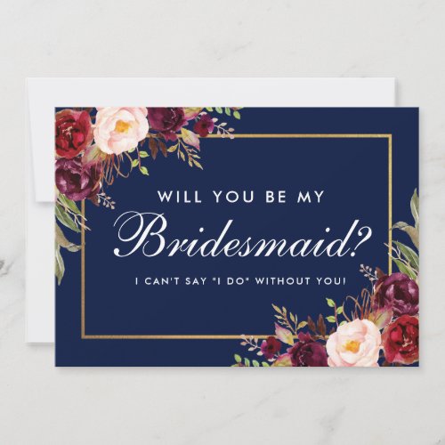 Watercolor Floral Burgundy Blue Bridesmaid Invitation