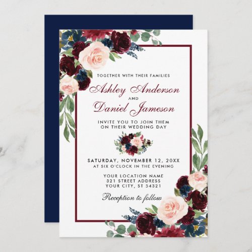 Watercolor Floral Burgundy Blue Elegant Wedding Invitation