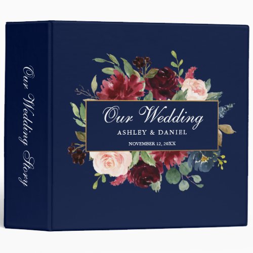 Watercolor Floral Burgundy Blue Gold Frame Wedding 3 Ring Binder