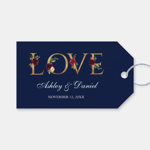 Watercolor Floral Burgundy Blue Gold Love Wedding Gift Tags