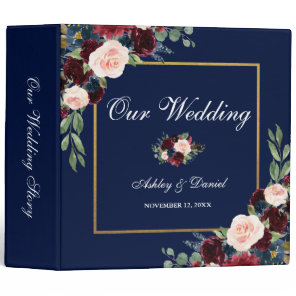 Watercolor Floral Burgundy Blue Gold Wedding 3 Ring Binder