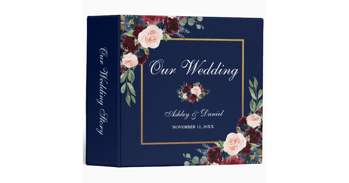 Watercolor Floral Burgundy Blue Gold Wedding 3 Ring Binder | Zazzle