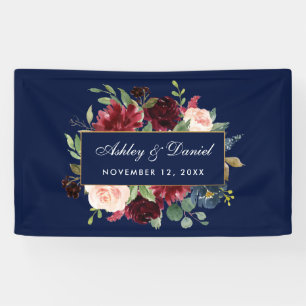 Watercolor Floral Burgundy Blue Gold Wedding Banner