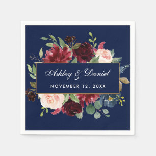 Watercolor Floral Burgundy Blue Gold Wedding Napkins