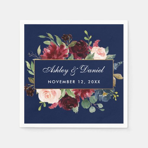 Watercolor Floral Burgundy Blue Gold Wedding Napkins