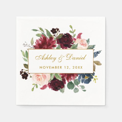 Watercolor Floral Burgundy Blue Gold Wedding White Napkins