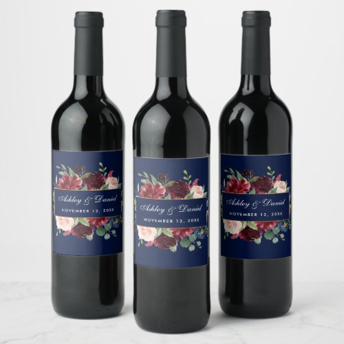 Watercolor Floral Burgundy Blue Gold Wedding Wine Label