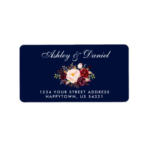 Watercolor Floral Burgundy Blue Wedding Address Label
