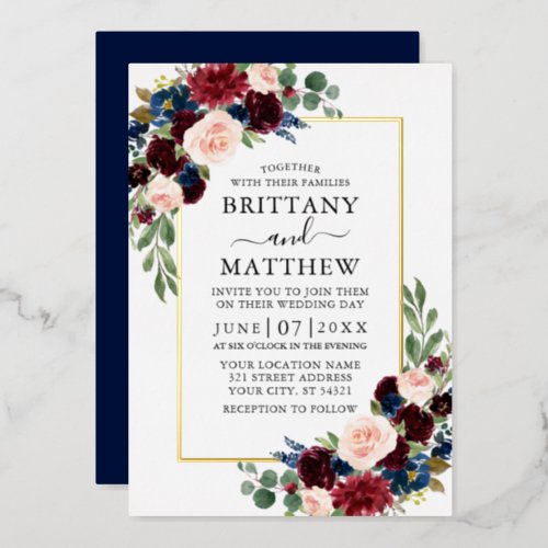 Watercolor Floral Burgundy Blue Wedding Gold Foil Invitation