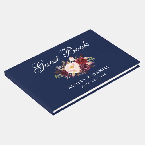 Watercolor Floral Burgundy Blue Wedding Guest Book