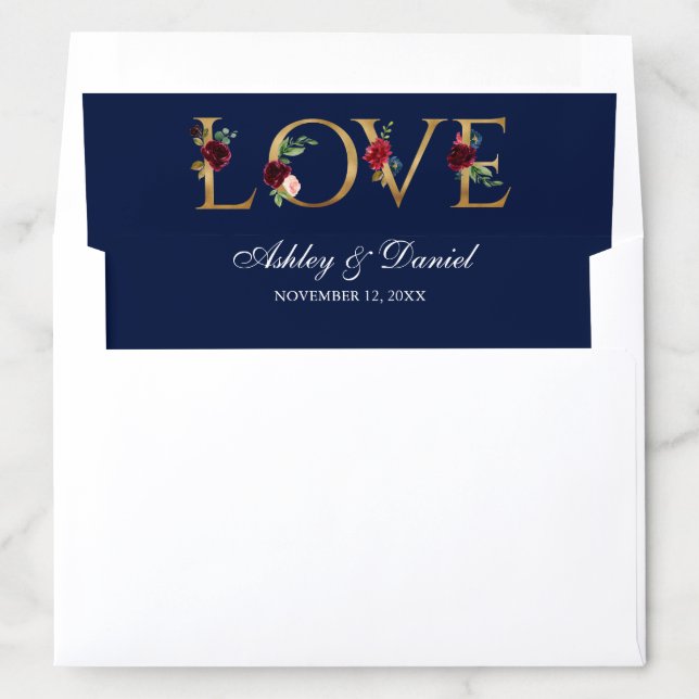 Watercolor Floral Burgundy Blue Wedding Love Envelope Liner (In Envelope)