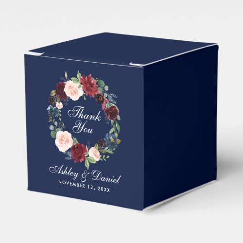 Watercolor Floral Burgundy Blue Wedding Thanks Favor Boxes
