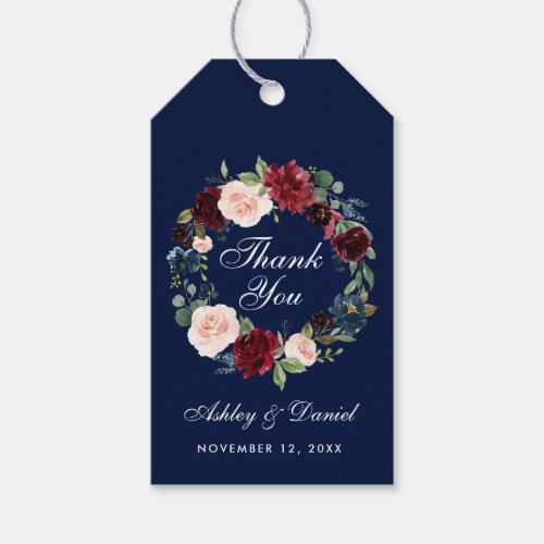 Watercolor Floral Burgundy Blue Wedding Thanks Gift Tags