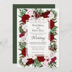 Watercolor Floral Burgundy Blush Green Wedding Invitation