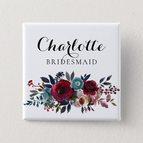 Watercolor Floral Burgundy Bridesmaid Wedding Button