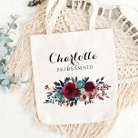 Watercolor Floral Burgundy Bridesmaid Wedding Gift Tote Bag at Zazzle