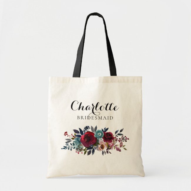 Watercolor Floral Burgundy Bridesmaid Wedding Gift Tote Bag