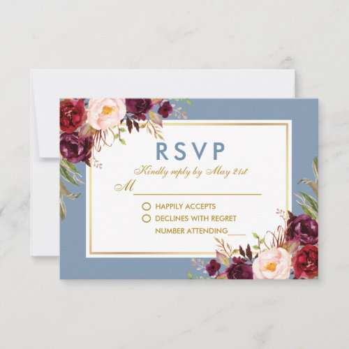 Watercolor Floral Burgundy Dusty Blue Gold Wedding RSVP Card