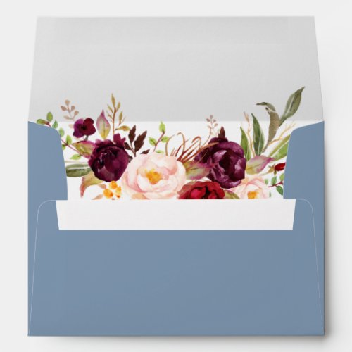 Watercolor Floral Burgundy Dusty Blue Wedding Envelope