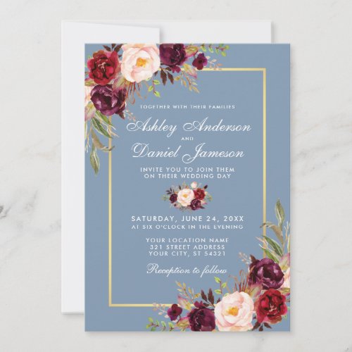 Watercolor Floral Burgundy Dusty Blue Wedding Invitation