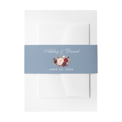 Watercolor Floral Burgundy Dusty Blue Wedding Invitation Belly Band