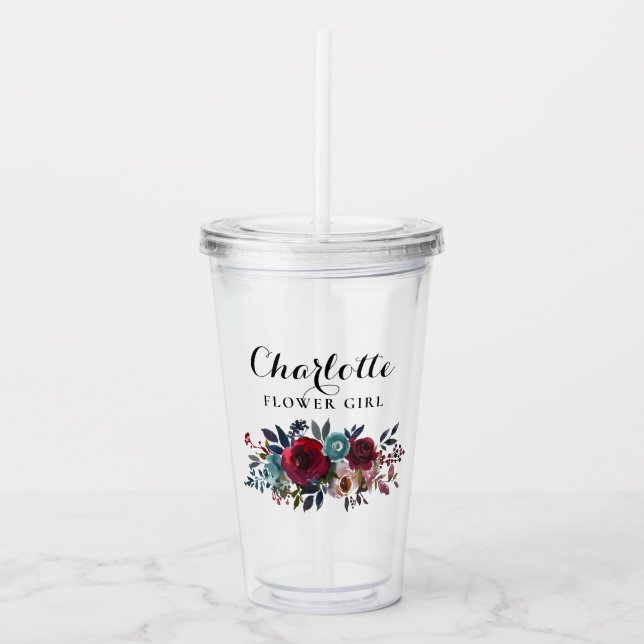 Watercolor Floral Burgundy Flower Girl Wedding Acrylic Tumbler (Front)