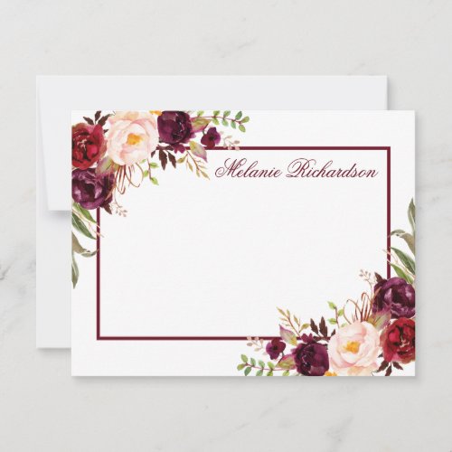 Watercolor Floral Burgundy Frame Personalized Note Card