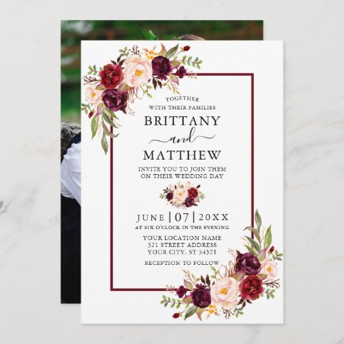 Watercolor Floral Burgundy Frame Photo Wedding Invitation