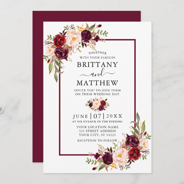 Watercolor Floral Burgundy Frame Wedding Invitation (Front/Back)
