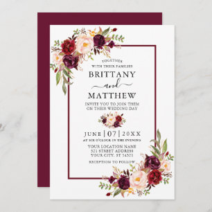 Watercolor Floral Burgundy Frame Wedding Invitation