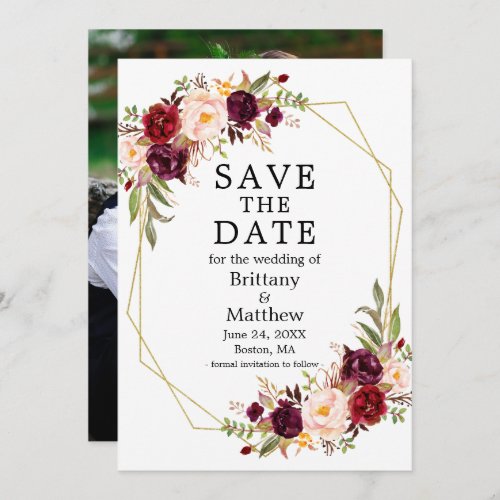 Watercolor Floral Burgundy Geo Frame Photo Save The Date