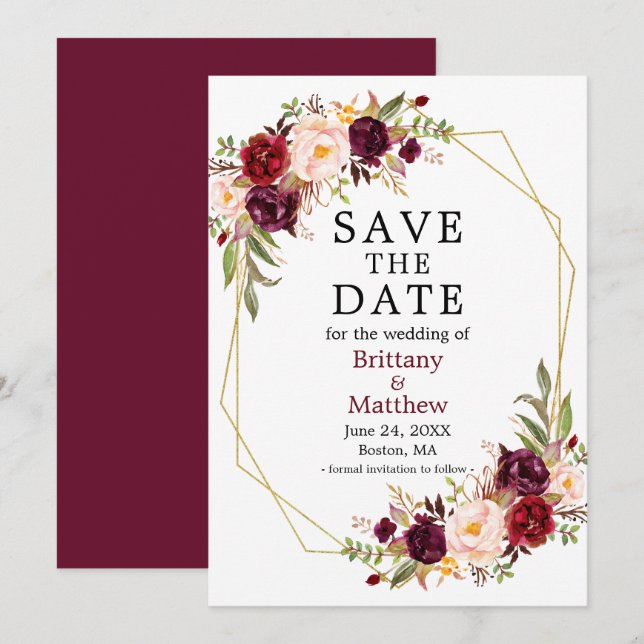 Watercolor Floral Burgundy Geo Frame Save The Date (Front/Back)