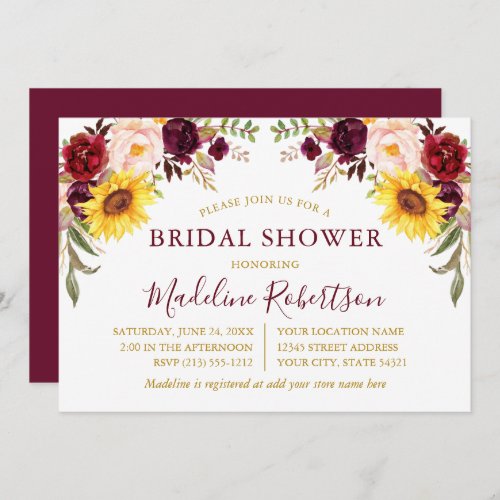 Watercolor Floral Burgundy Gold Bridal Shower Invitation