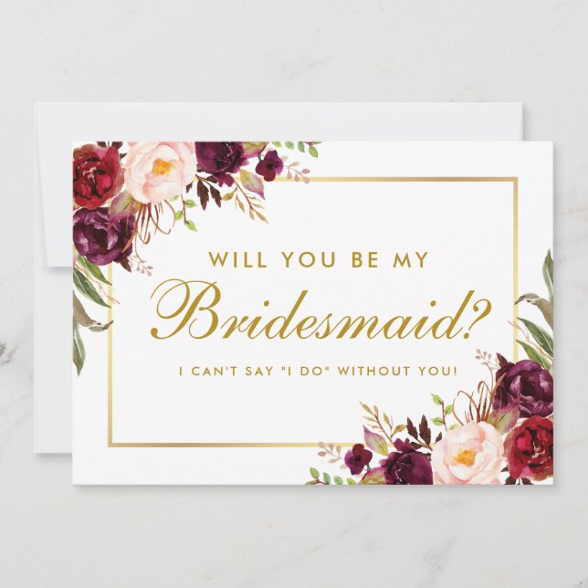 Watercolor Floral Burgundy Gold Bridesmaid Invitation (Front)