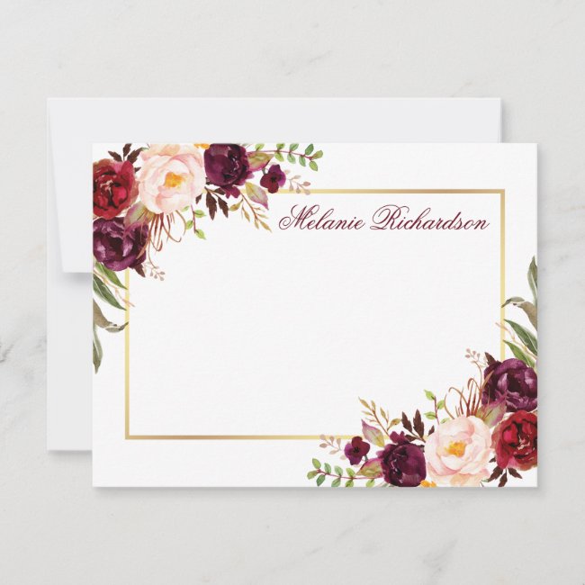 Watercolor Floral Burgundy Gold Frame Personalized Note Card
